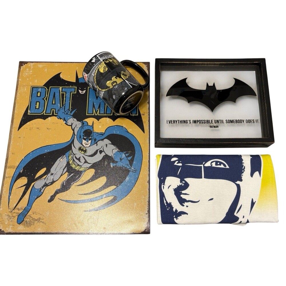 Batman Bundle Lot Adult L T-Shirt, Wall Tin, Motivation Sign & Coffee Mug, Retro